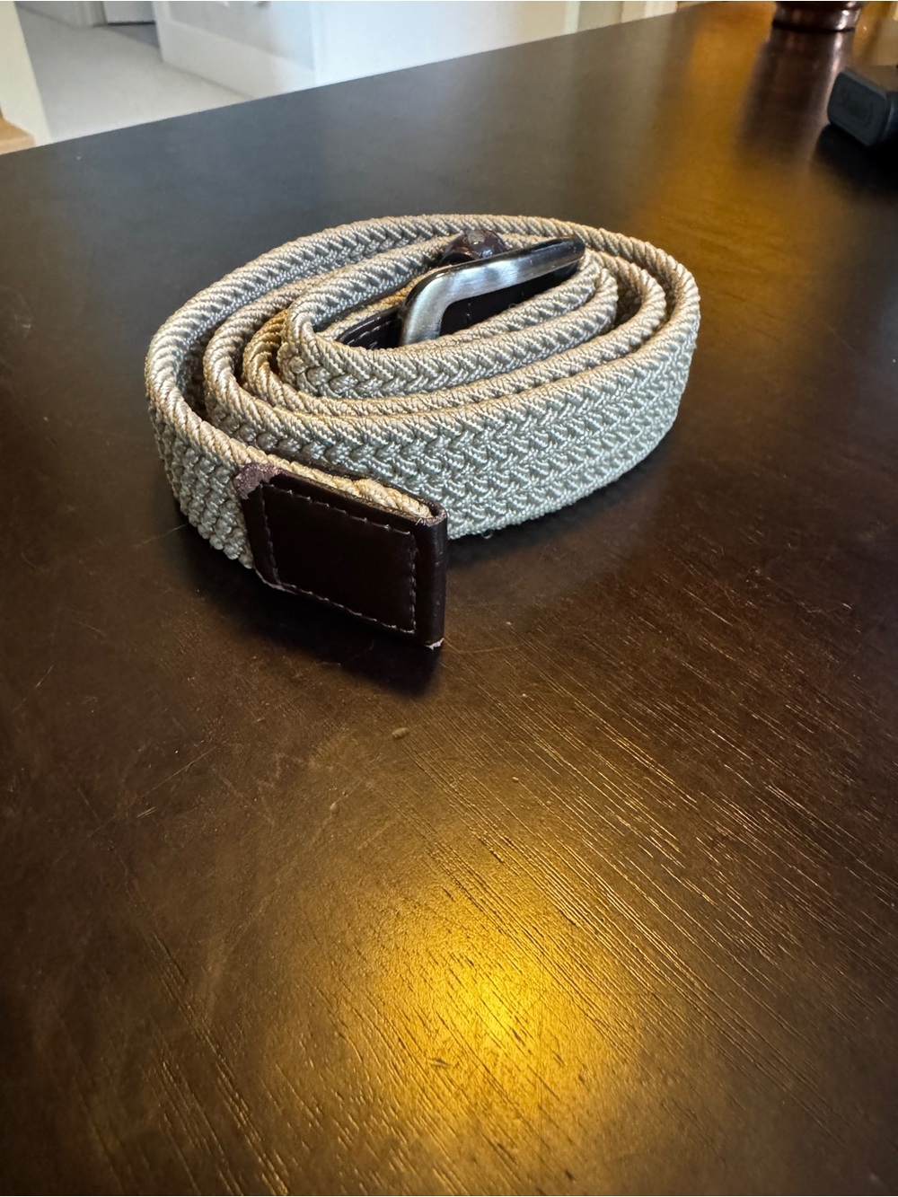 Men's Woven Fabric Belt with Brown Leather Accents - Beige